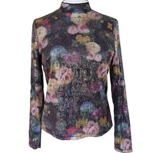 NICOLE MILLER Floral Sequin Mock Neck Long Sleeve Shimmer Top